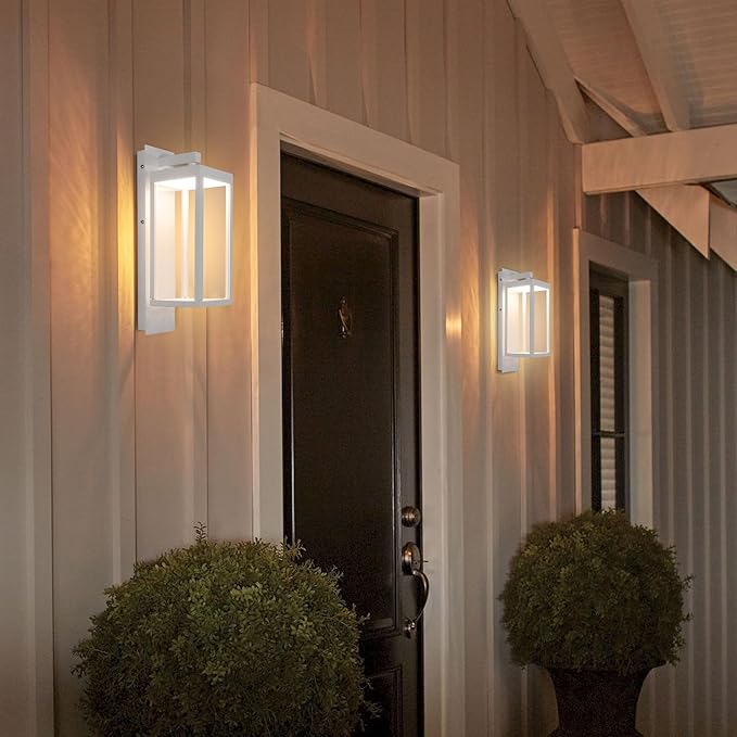 Lustrlach 2 Pack White Dusk to Dawn Outdoor Wall Lights for House LED Photocell Exterior Light Fixture with Glass IP54 Waterproof Modern Patio Light for Garage Indoor Entryway Garden,3000K,14IN