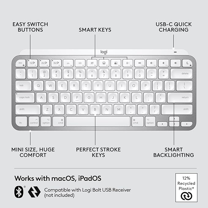 Logitech MX Keys Mini for Mac Minimalist Wireless Keyboard, Compact, Bluetooth, Backlit Keys, USB-C, Tactile Typing, Compatible with MacBook Pro,Macbook Air,iMac,iPad - Pale Grey