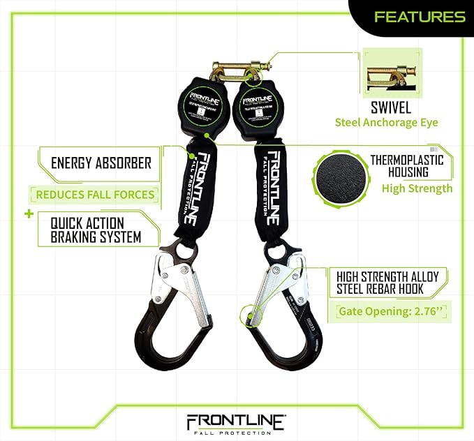 Frontline RPA062RA 6' Aramid Web Twin Leg SRL with Aluminum Rebar Hook Ends | 310 lbs Capacity | Lightweight & Durable | Aramid Fiber Webbing | ANSI & OSHA Compliant | ISO Lab Tested (3 Pack)
