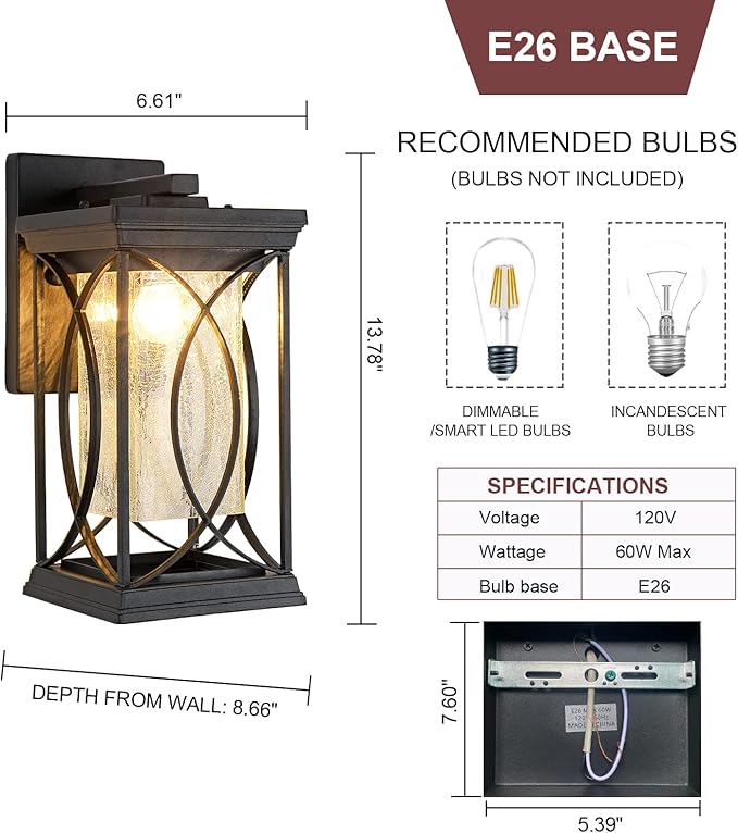 Dusk to Dawn Modern Outdoor Coach Lantern Exterior Light Fixtures Black Aluminum with Crack-Like Glass Waterproof Wall Sconce Mission Outside Light for House Front Porch Lighting