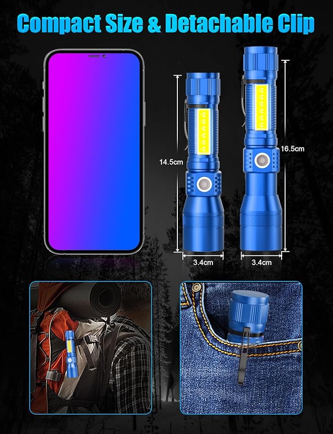 UV Rechargeable Flashlights Tactical,1000 High Lumens 3 in 1 LED Black Light Flashlight-Magnetic Base/Sidelight/Zoomable, Bright Pocket Flash Light with Case Box for Stains Detection Blue/Black