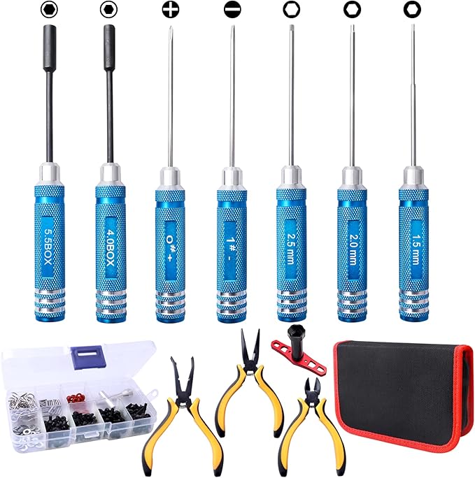 13-in-1 RC Tools Kits Box Set, RC Screw Kit, Hex Phillips Flat Nut Drivers, Pliers, Wrench, Repair Tools Screwdriver Set for Traxxas Arrma Axial Redcat Losi RC Model Car Drone Boat