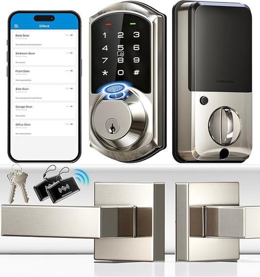 Veise VE07-L Fingerprint Smart Locks for Front Door with 2 Lever Handle Set, App Control, Keyless Entry, Electronic Digital Keypad Deadbolt, Auto Lock, Waterproof, Easy to Install, Satin Nickel