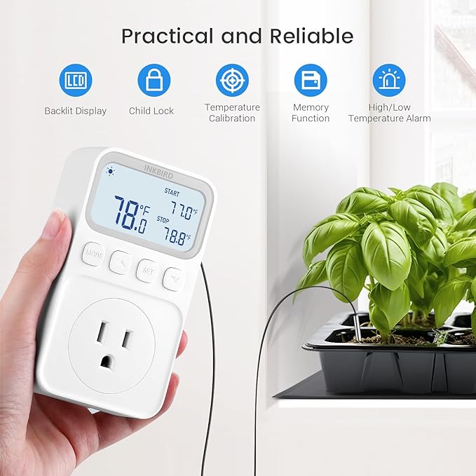 INKBIRD Digital Thermostat Outlet Temperature Controller Outlet Socket Heating/Cooling Control 1200W 10A Backlit Display