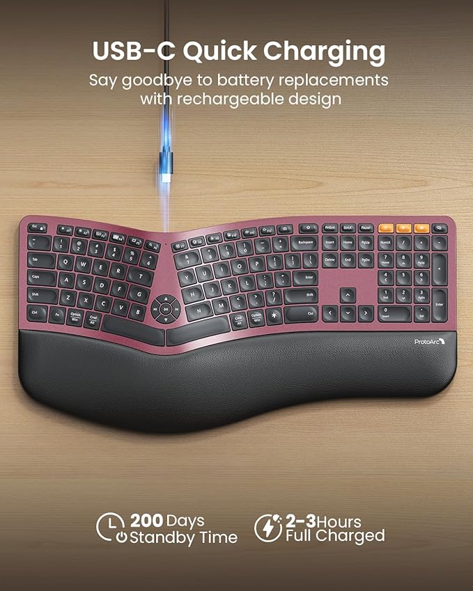 ProtoArc Backlit Bluetooth Ergonomic Keyboard, EK01 Plus Full Size Wireless Split Keyboard with Dual Bluetooth and USB, Cushioned Wrist Rest, Rechargeable, Compatible with Windows/Mac, Wine Red