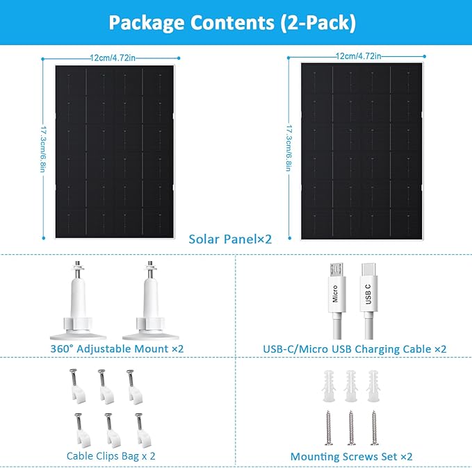 4W Solar Panel for Security Camera, USB-C/Micro USB Solar Charger for Rechargeable Battery Cameras, IP66 Waterproof, 360° Adjustable Mount, 9.8FT/3M Cable, 2 Pack