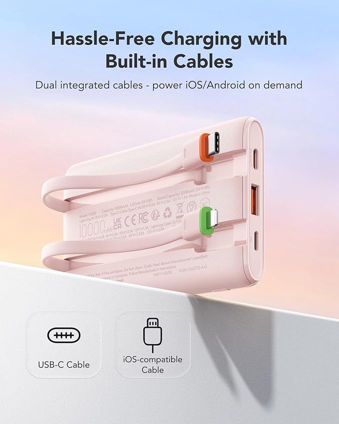 VEGER 10000mAh Portable Charger with 2 Built-in Cables, PD 22.5W Fast Charging USB C Power Bank, 4 Outputs 3 Inputs Slim Battery Pack Compatible with iPhone, Samsung, iPad, Android - Travel Essential
