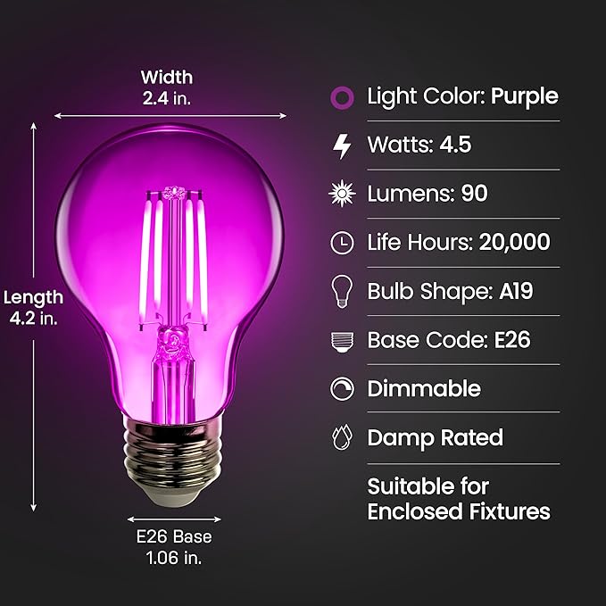 Feit Electric A19/TP/LED/6 25W Equivalent Dimmable Clear Glass Filament Colored LED Light Bulbs, Purple, 6-Pack, 2.3" D x 4"