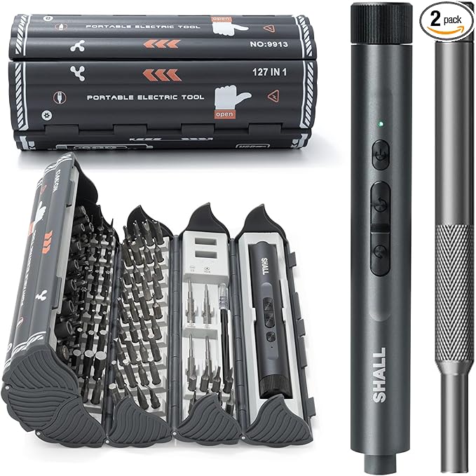 SHALL 127Pcs Mini Electric Screwdriver Set, 120pcs Tough S2 Steel Bits with Pen Style Electric & Manual Screwdriver, Ideal for Laptop, iPhone, Watch, Jewelry, Eyeglasses and Electronic