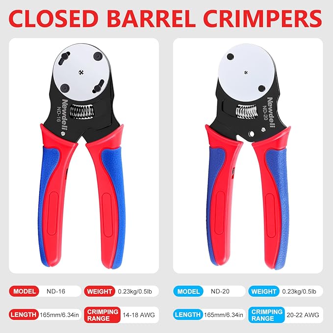 Newdeli Deutsch Crimp Tool Kit 8Pcs Deutsch Connector Tool Molex Crimper Close Barrel & Open Barrel Crimpers with Deutsch Pin Removal Tool for Deutsch Connectors and Delphi Molex Terminals