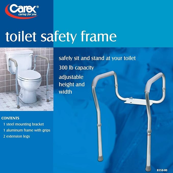 Carex Toilet Safety Rails, Adjustable and Detachable Toilet Safety Frame with Handles for Elderly, Handicap, or Disabled, Heavy-Duty Non-Slip Bathroom Grab Bar, with Padded Handles and Aluminum Frame