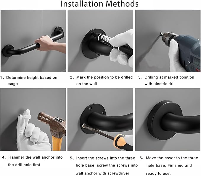 Shower Grab Bar, 2 Pack 24 Inch Black Bathroom Grab Bar, 1.25" Diameter 304 Stainless Steel Anti-Slip Grab Bars for Bathtubs and Showers, Handicap Shower Grab Bar for Seniors Elderly