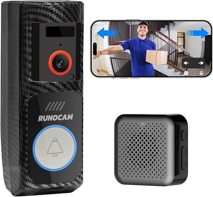 Video Doorbell Camera Wireless with Charm, HD Camera, Real-Time Alerts Ring Call, Pan Rotate, AI Detection, Power Battery, Home Security Apartment Camara para Puerta, 2.4G WiFi, Carbon Fiber