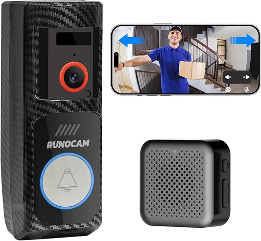 Video Doorbell Camera Wireless with Charm, HD Camera, Real-Time Alerts Ring Call, Pan Rotate, AI Detection, Power Battery, Home Security Apartment Camara para Puerta, 2.4G WiFi, Carbon Fiber
