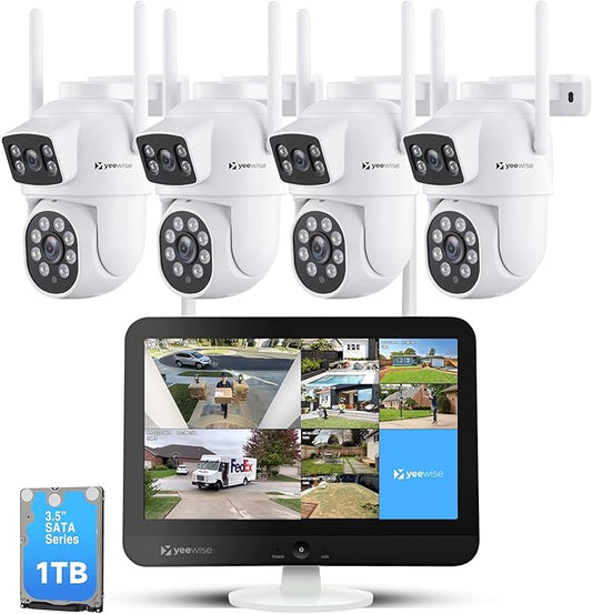 2K Wi-Fi 6 Wireless Security Camera System with 12" Monitor, Dual Lens WiFi Security Cameras with 360° Pan Tilt & Auto Tracking, 16CH NVR with 1TB HDD, 5G&2.4G WiFi, 24/7 Record,Plug-in Power