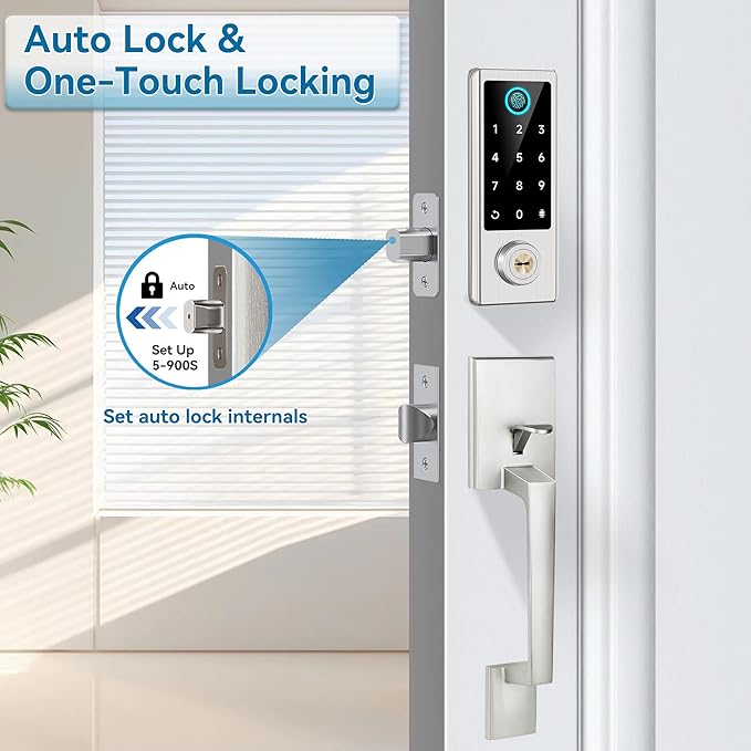 Fingerprint Door Lock with Handle Sets, BEBASIA Keyless Entry Door Lock, Bluetooth Front Door Lock Set, Smart Deadbolt, Electronic Keypad Digital Deadbolt with Handle, Satin Nickel