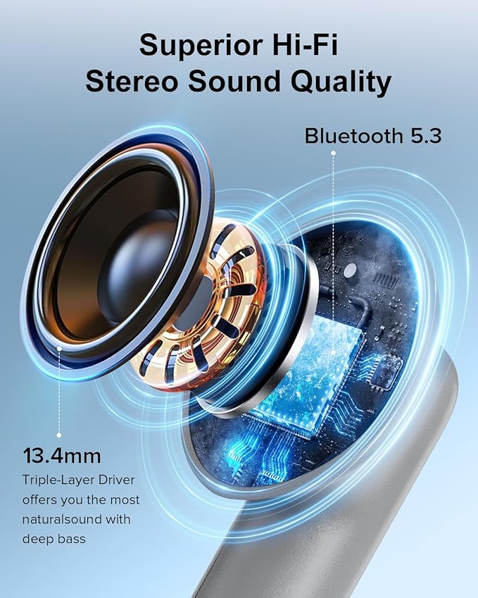 Wireless Earbuds, 42H Playtime Bluetooth 5.3 Headphones, HiFi Stereo Call Noise Cancelling Earbuds, IPX7 Waterproof Stereo in-Ear Earphones with LED Display for iOS Android (Gray)