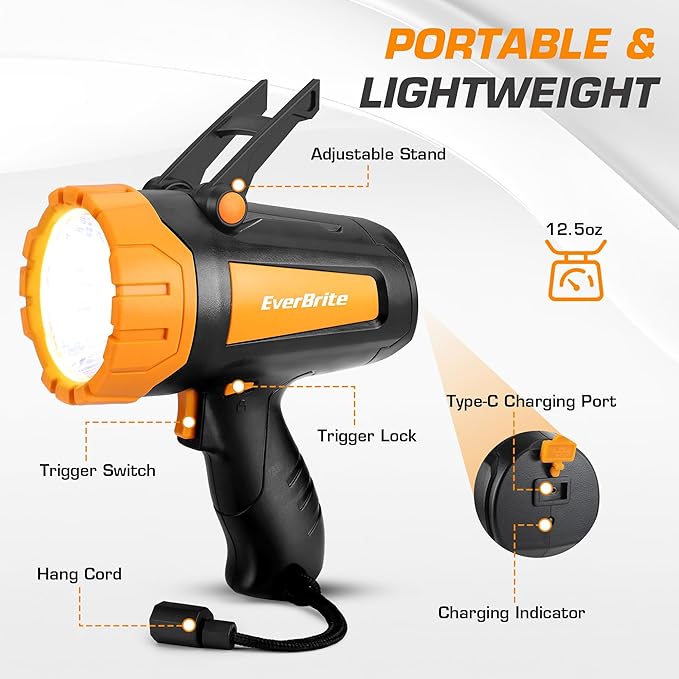 EverBrite Powerful Rechargeable Spotlight, 500lm LED Flashlight with Adjustable Stand, Perfect for Outdoor, Work, Emergency