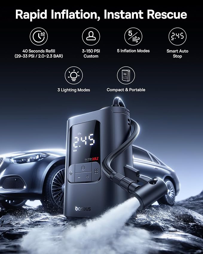 Baseus Tire Inflator Portable Air Compressor, 150PSI Cordless Air Pump for Car Tires, 2X Faster Electric Inflator with 7500 mAh Battery Capacity, LED Light Car Motorcycle Bicycle Ball, Car Accessories