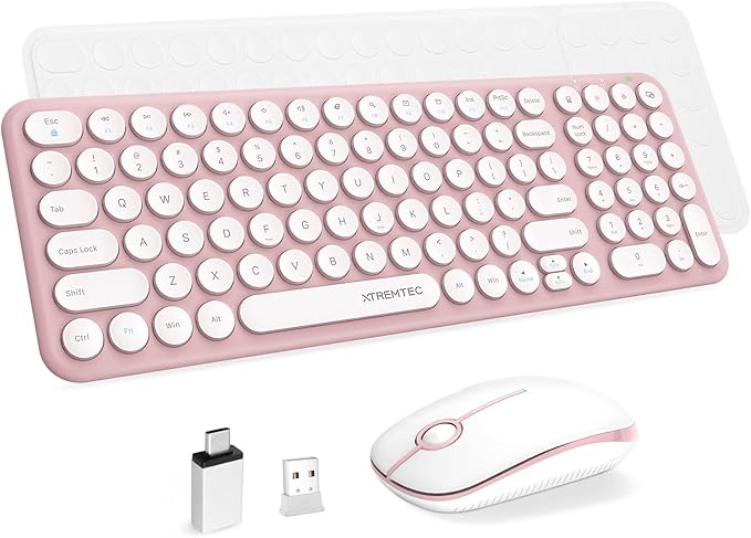 Wireless Keyboard and Mouse Combo, XTREMTEC Cute Compact -Size Pink Retro Round Keycap, Ultra Thin Quiet 2.4GHz Retro Kawaii Keyboard for Mac/PC/Laptop (Sakura Pink)