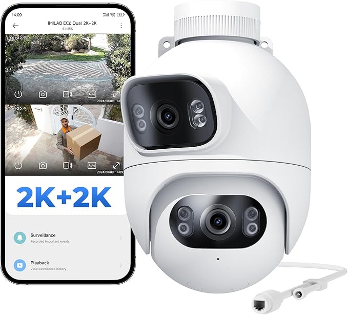 IMILAB EC6 Dual 2K+2K Plug-in Outdoor Security Camera: Outdoor Camera for Home Security w/Motion Spotlight/Siren, Wired 360° Rotate Cam, Person Tracking, 24/7 Continuous Recording, Color Night Vision