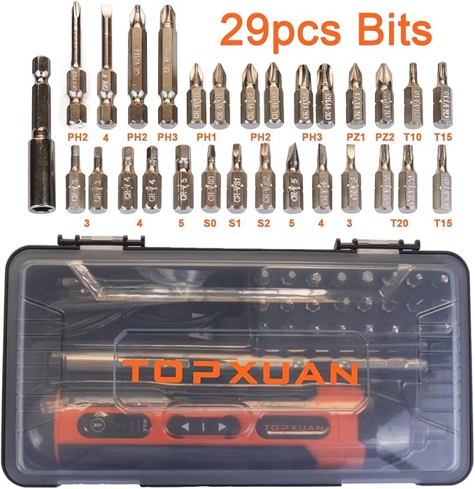 Power Screwdriver,Electric Small Drill,with LED Lights&USB Charging Battery,Speed Adjustable,Electric&Manual,Includes USB Cable&29pcs Bits Set,1 Bit Extender,Carrying Case