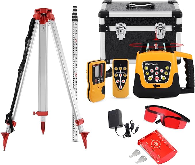 Iglobalbuy Self Leveling Rotary Laser Level System Kit with Surveying Tripod + Aluminum Grade Rod 16.4Ft, Red Beam Automatic Self-leveling Transit Laser Level Grading Rotating Lasers for Construction