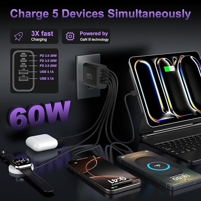 USB C Fast Wall Charger Block, 2Pack 60W USBC Charging Cubes, 5-Port PD+QC Power Adapter Multiport Brick Type C Box Plug for Phone 16/15/14/13/12/11/Pro Max/Plus, Pad Mini/Pro/S25/S24-Black