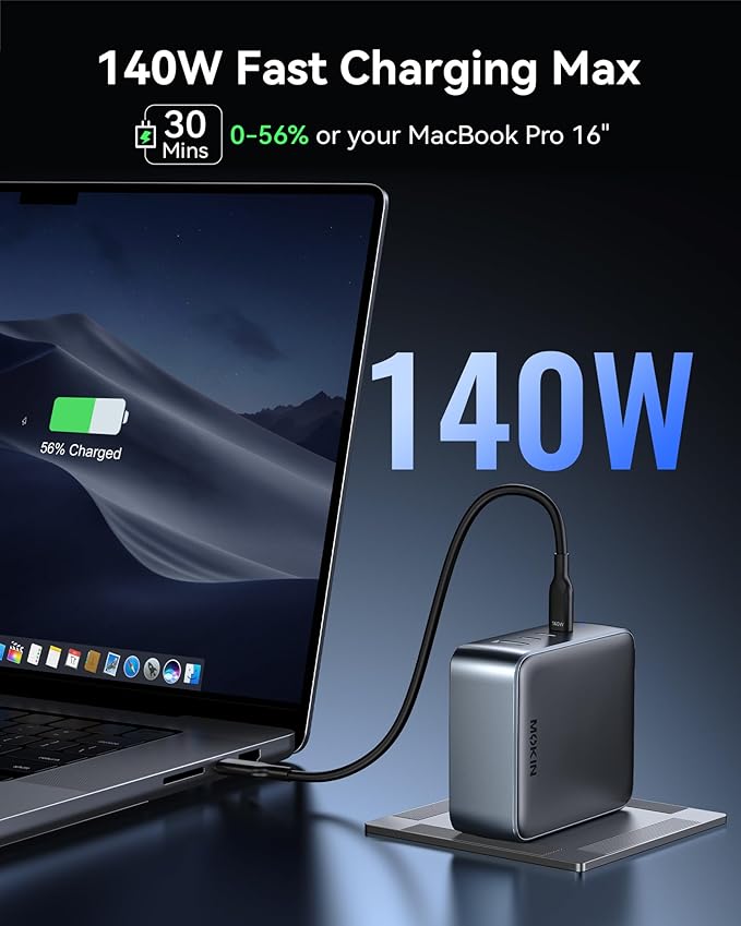 USB C Charger Block 140W, 4 Ports GaN Charger USB C Fast Charging Station Foldable Compact Wall Charging Power Adapter for MacBook Pro, iPhone 16/15, iPad, Galaxy, Steam Deck, Google Pixelbook