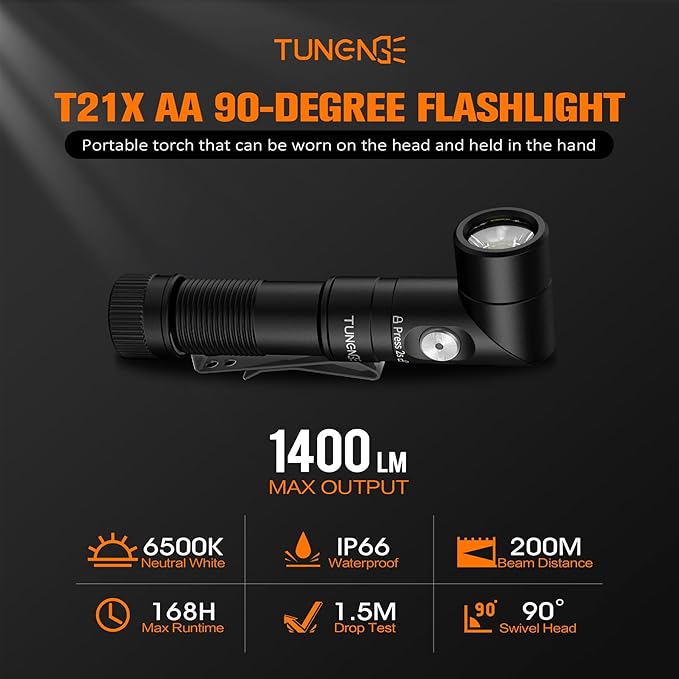 T21X 1400 Lumen Small LED Flashlight Rechargeable, Super Bright 90 Degree EDC AA Pocket Flashlight with Magnet, Adjustable Headlamp, Mini Tactical Light & Clip for Camping Running Hiking