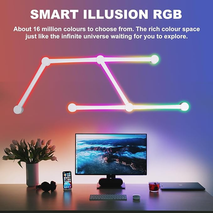 Smart Wall Light Lines, WiFi RGB LED Light Bars, 16M+ Color Dimmable Music Sync DIY Home Decor Light Bars for Gaming Party Streaming Lovers, Work with Alexa & Google Assistant (6 Lines,White)