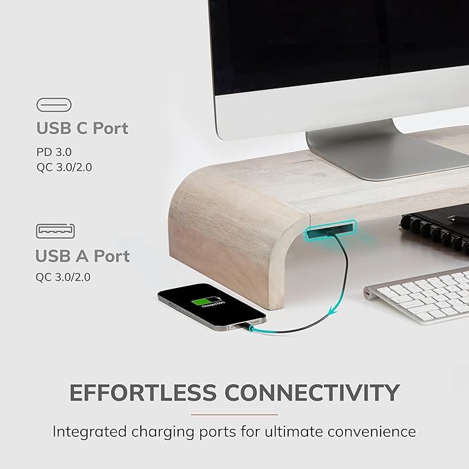 Anji Mountain Wood Monitor Stand Riser Desk Desktop Organizer Table for Home, Office Workspace, Laptop Riser, Ergonomic Design Stand for Gaming Setup, with Power Source, White Wash