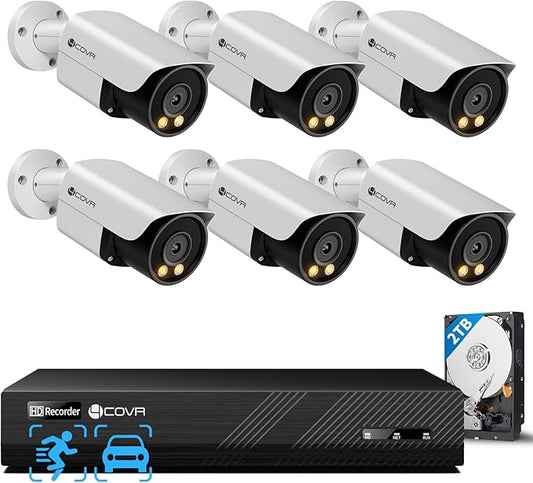 4COVR Wired Security Camera System Outdoor, 2 Way Audio, Smart Color Night Vision, 6X 5MP Bullet PoE IP Camera IP67 Smart Human/Vehicle Detection, 8CH 4K NVR 2TB HDD, 24/7 Recording, LY37YX5M0806