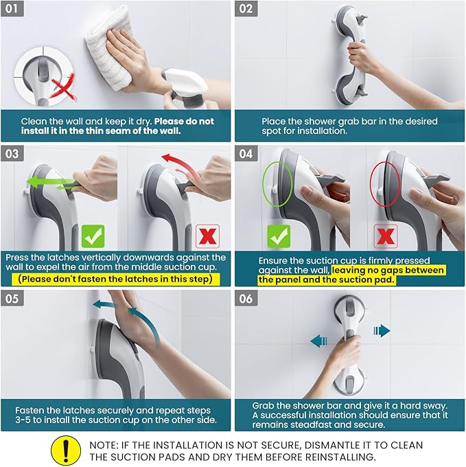 TAILI Shower Grab Bar, 2 Pack 12 Inch Suction Grab Bars for Bathtubs and Showers for Elderly, Shower Handle for Seniors Bathroom Safety Grip, No Drilling Removable,Grey