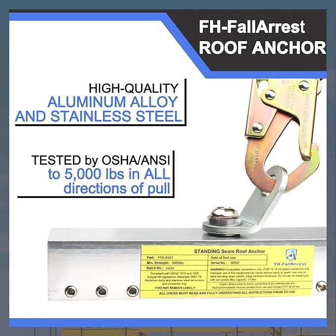 Fall Protection Standing Seam Roof Anchor Clamp with 360° Swivel Point | Fall Arrest Roofing Harness Safety Kit | Aluminum Alloy Anchor | OSHA/ANSI Compliant | Bolts and washers included