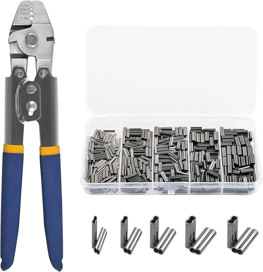 Fishing Crimping Pliers Crimp Sleeves Set,Wire Rope Crimping Tool Kit Heavy Duty Wire Leader Rope Crimper Plier 4 Size Crimping