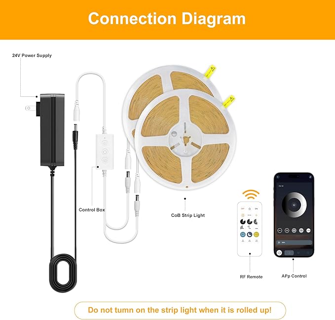 COB LED Strip Lights Cool White,24V Dimmable led Light Strip KIT with Remote and app Control,6000K 32.8FT/2 * 5m 8mm Wide Ra>90 Cuttable Flexible Strip Lights for Bedroom,Shelf,Cabinet