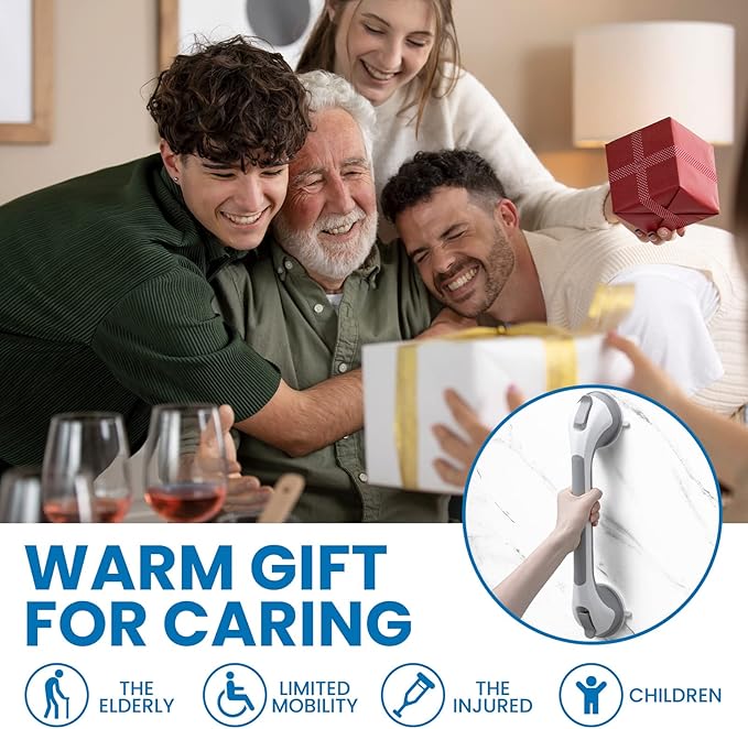 LEVERLOC Grab Bars for Bathtubs and Showers, Shower Handle 17 Inch Strong Suction Bath Handrails, Safety Grip for Bathroom Chair, Bathroom Grab Bar for Senior No Drilling Waterproof,Grey