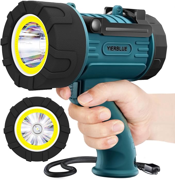 YIERBLUE Rechargeable Spotlight Floodlight Combo High High Lumen LED, IP67 Waterproof Spot Light COB Flood Light, Impact Resistant Handheld Spotlight with Foldable Stand and Detachable Red Lens