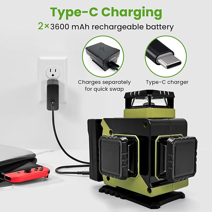 Laser Level 360 Self Leveling, 3x360° Green Cross Line Lazer Leveler Tool for Construction and Picture Hanging, 3D 12 Lines Laser with 2*3600mAh Rechargeable Battery Magnetic Rotating Bracket