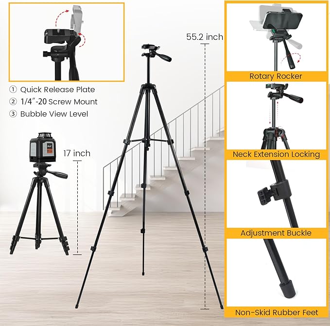 MJF 360° Laser Level with Tripod, Green Self Leveling Cross Line Laser Tool with 4 Brightness Adjustment for Floor Tile Wall Construction, L-Bracket, Batteries & Carry Bag Included