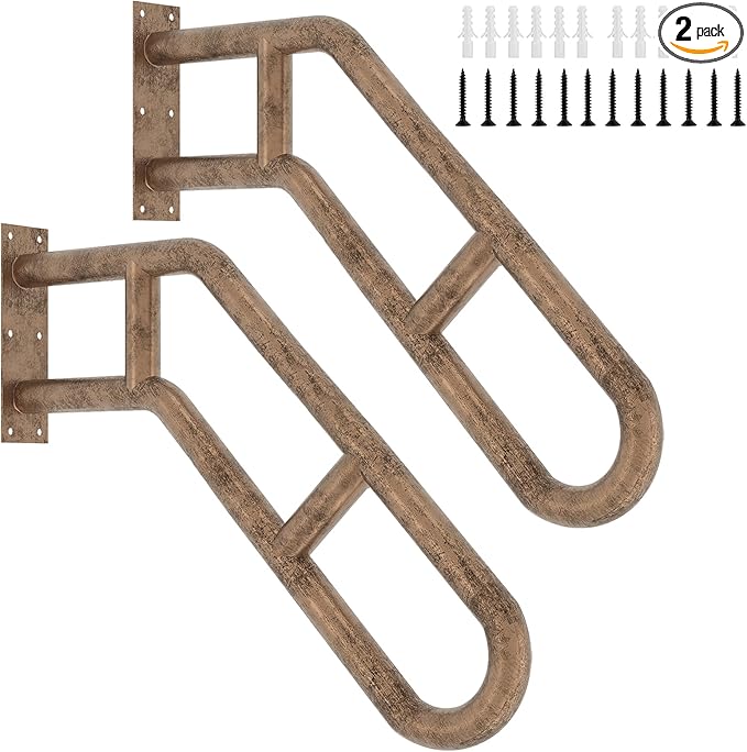 2 Pack Hand Rails for Outdoor 1-3 Steps, 27" Bent Wall Mount Handrail, Antique Metal Stair Handrails, Grab Bars with 2 Anti-Skid Crossbar for Garage Porch Stairs for Elderly Kids Disabled