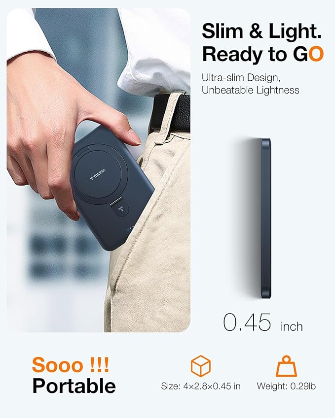 TORRAS 0.45" Slim Magnetic Portable Charger Power Bank for iPhone 5000 mAh 22.5W PD Fast Charging Wireless Battery Pack O Stand Compatible with Magsafe, i Phone 16 Pro Max, Pro,15,14,13,12, Black