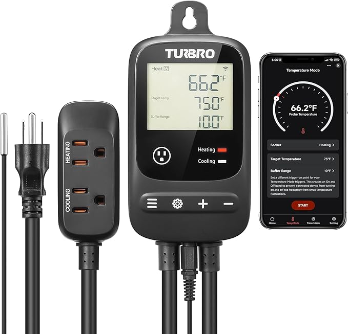TURBRO Smart Temperature Controller Heating Cooling, WiFi-Enabled Thermostat with Timer and Temperature Monitoring for Home Brewing, Seedling, Greenhouse, and Reptile Terrarium, TC01