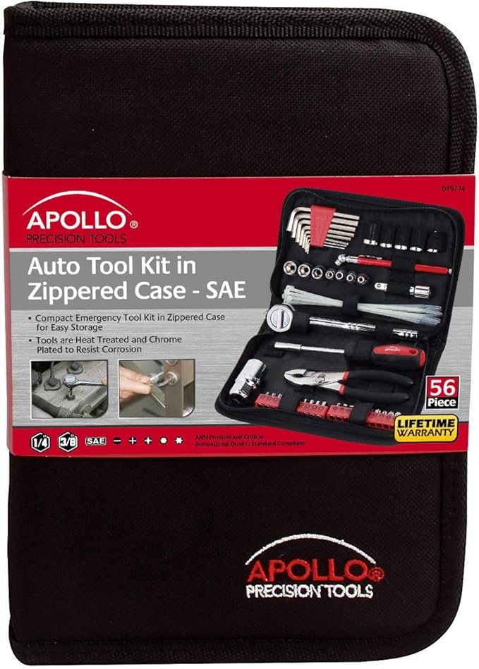 Apollo Tools 56 Piece Compact SAE Auto Tool Set in Zippered Case, Small Mechanic Tool Set for Car Emergency, Motorcycle Repair on the Road, Great for Travel Tool Needs - Red - DT9774