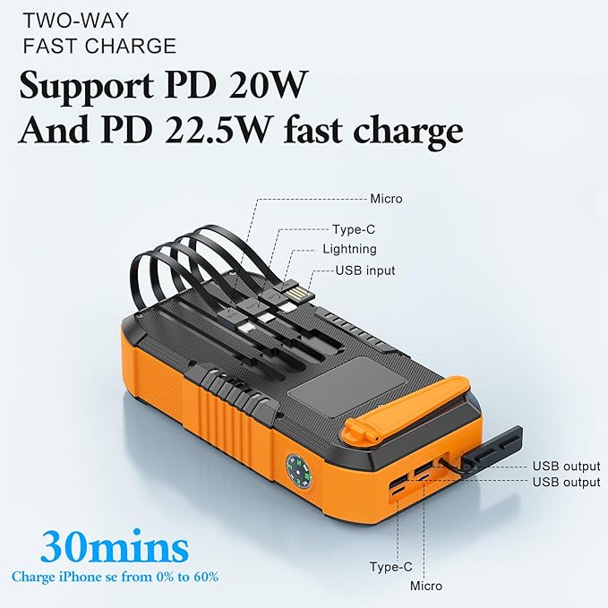 Solar Charger Power Bank 66800mAh Built in Hand Crank and 4 Cables, 22.5W Fast Charging PowerBank 6 Outputs & 4 Inputs, Portable Charger with Camping Flashlights & Compass for Outdoor (Orange)