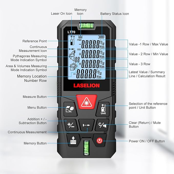 LT70 Laser Distance Meter – 70m (229ft) Range, High Accuracy, Multiple Measurement Modes, Built-in Level Bubble, Handle Laser Distance Measurement Tool，Mute Function (229ft)