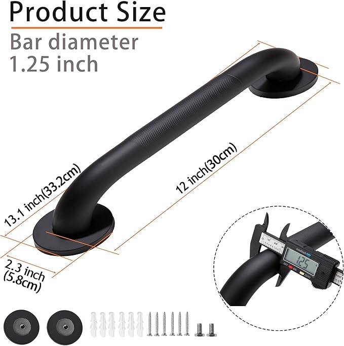Shower Grab Bar, 2 Pack 12 Inch Black Bathroom Grab Bar, 1.25" Diameter 304 Stainless Steel Anti-Slip Grab Bars for Bathtubs and Showers, Handicap Shower Grab Bar for Seniors Elderly