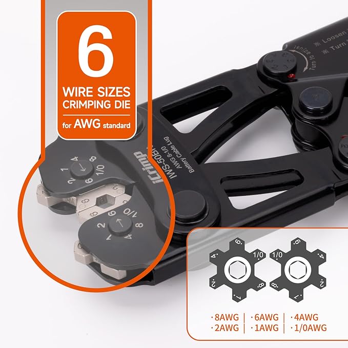 iCrimp Battery Cable Lug Crimping Tool for 8, 6, 4, 2, 1, 1/0 AWG Copper Cable Lugs, Battery Terminal Crimper