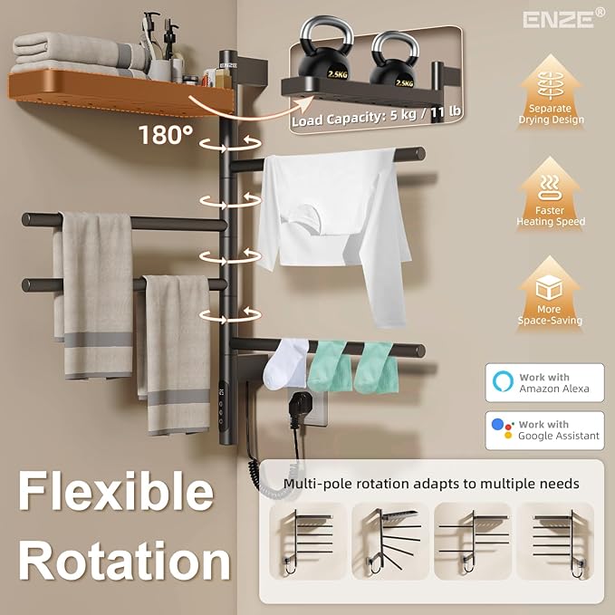ENZE Smart Rotating Heated Towel Rack for Bathroom, Wall-Mounted Electric Towel Dryer with Swivel Bars & Shelf, Smart Timer, Low Carbon Steel, Plug-in/Hardwired, Towel Warmer with Wi-Fi App Control